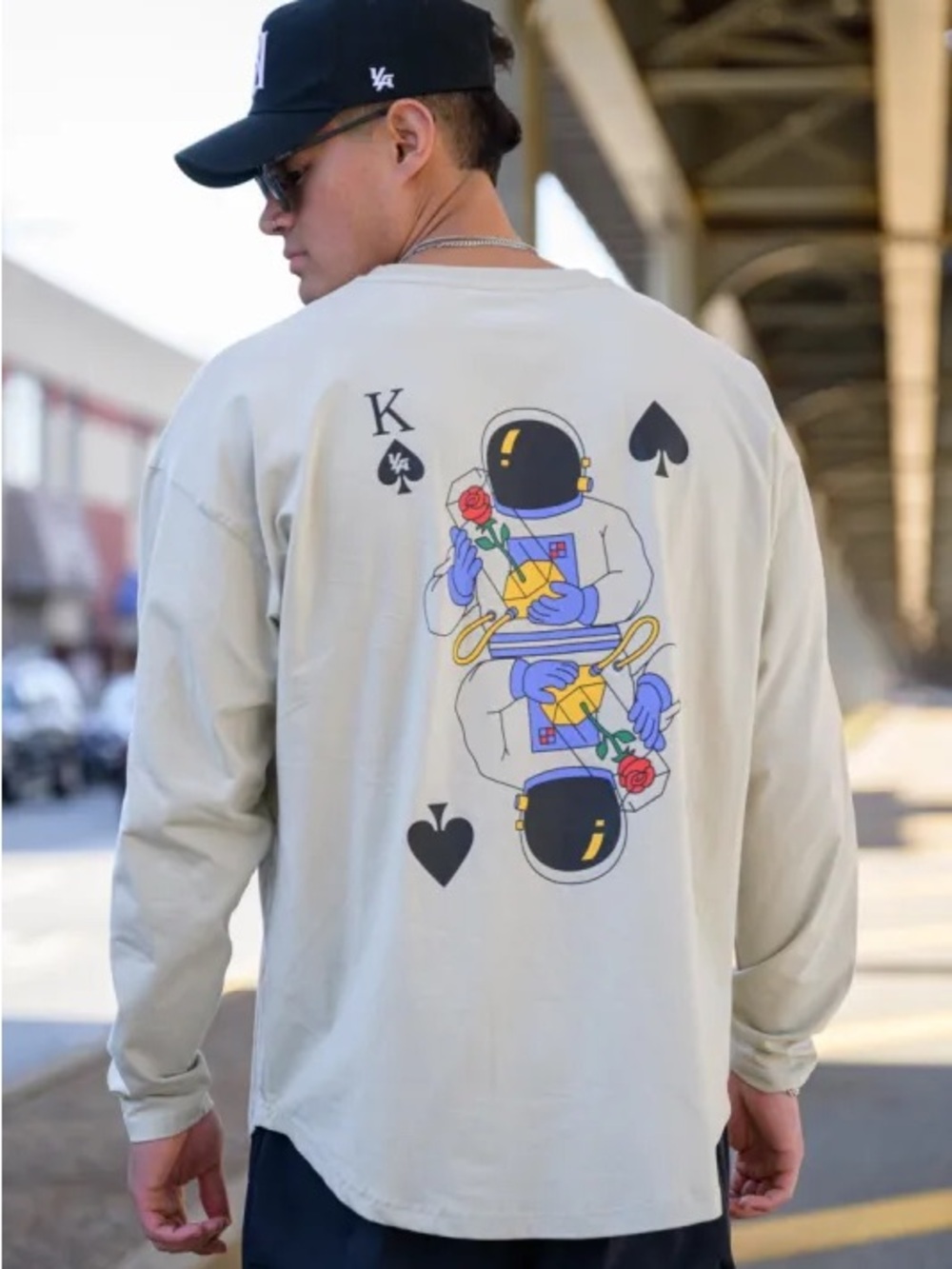 YoungLA Men's Cream Graphic Long-Sleeve Shirt with Astronaut King Spade Print